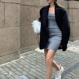 Plain Blazer / Spaghetti-strap Lettering Mini Sheath Dress