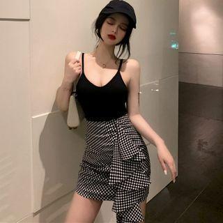 Spaghetti Strap Top / Dotted Ruffle Mini Fitted Skirt