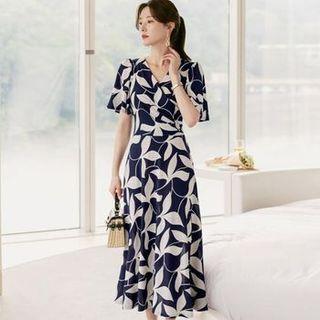 Bell-sleeve Patterned Long Wrap Dress