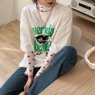 Long-sleeve Heart Print T-shirt / Short-sleeve Eye Print T-shirt