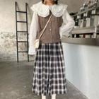 Lace Trim Layered Collar Blouse / Cable-knit Vest / Plaid Midi A-line Skirt
