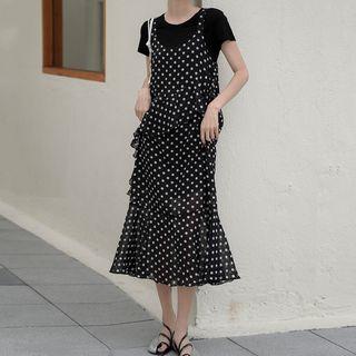 Set: Short-sleeve T-shirt + Dotted Layered Midi A-line Pinafore Dress