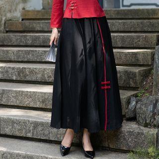 Frog-button Maxi A-line Skirt Black - One Size