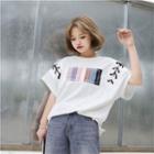 Lettering Color Block Lace Up Detail Elbow Sleeve T-shirt
