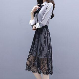 Set: Long-sleeve Patterned Mini Shirt Dress + Lace A-line Midi Skirt