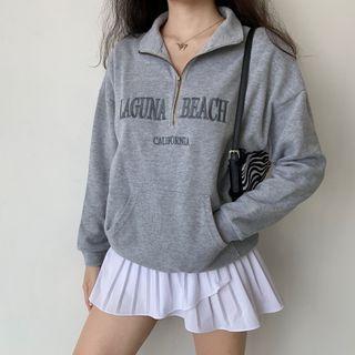 Stand-collar Zip Lettering Embroidered Sweatshirt