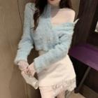 Long-sleeve Mesh Top / Furry Cardigan / Mini Lace Skirt