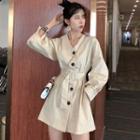 V-neck Single-breasted Long-sleeve Dress Almond - One Size