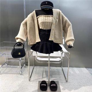 Plain Cardigan / Strapless Top / Mini A-line Skirt / Set