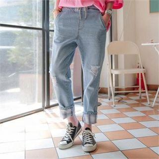 Drawstring-waist Distressed Harem Jeans