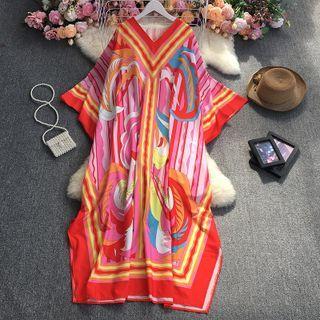 Batwing-sleeve Print Midi Dress