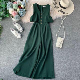 V-neck Sleeveless Plain Jumpsuit