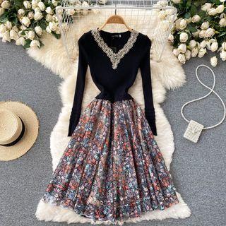 Mock Two-piece V-neck Knit Panel Lace Cutout Dress