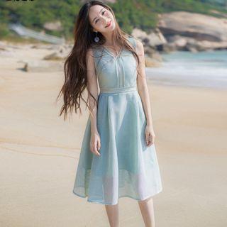 Gathered-waist Sleeveless V-neck Plain Dress