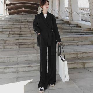 Set: Tie-waist Blazer + Wide-leg Dress Pants