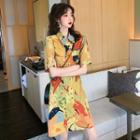 Printed Short-sleeve Midi Shirt Dress As Shown In Figure - One Size