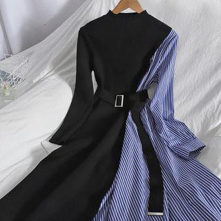Striped Panel Midi Knit Dress Black - One Size