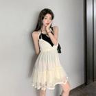 Set: Halter Top + Spaghetti Strap A-line Dress Light Yellow - One Size