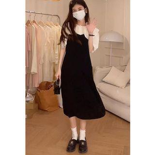 Set: Elbow-sleeve Collar Top + Midi Sheath Overall Dress