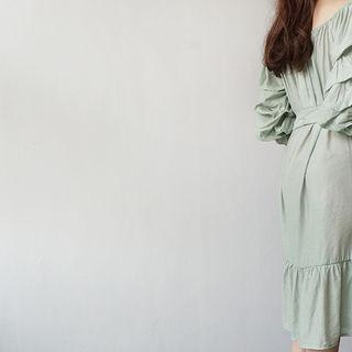 Ruffle-sleeve Off-shoulder Dress With Sash