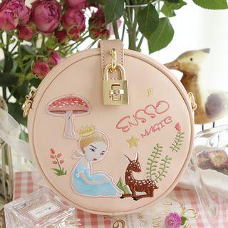 Embroidered Faux-leather Round Shoulder Bag