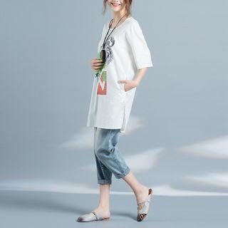 Elbow-sleeve Slit-side Printed Long T-shirt