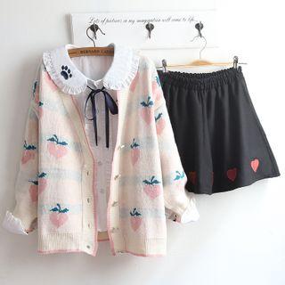 Peach Jacquard Cardigan / Blouse / Mini A-line Skirt / Set