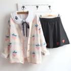 Peach Jacquard Cardigan / Blouse / Mini A-line Skirt / Set