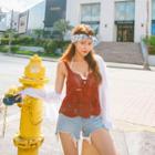 Sleeveless Lace-up Pointelle-knit Top