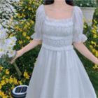 Bell-sleeve Square Neck Shirred Dress
