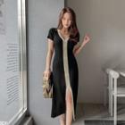 Short-sleeve V-neck Knit Sheath Dress Black - One Size