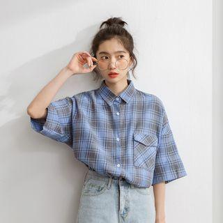 Plaid Elbow-sleeve Shirt Blue - One Size