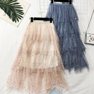 Layered Sequined Mesh A-line Skirt
