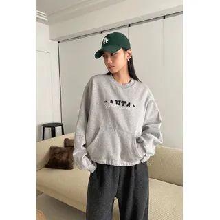 Letter Kangaroo-pocket Sweatshirt Gray - One Size