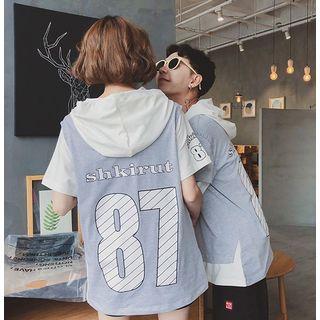 Couple Matching Color Panel Short Sleeve Hoodie