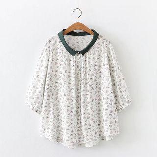 Elbow-sleeve Floral Blouse Pink Floral - White - One Size