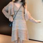 Set: V-neck Sleeveless Knit Dress + Open Front Knit Jacket As Shown In Figure - One Size