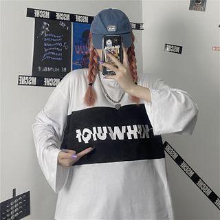 Lettering Panel Long-sleeve Round Neck T-shirt