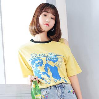 Printed Cut Out Shoulder Short Sleeve T-shirt