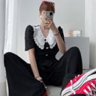 Chelsea-collar Rose-button Lace Blouse