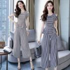 Set: Short-sleeve Cold-shoulder Striped Top + Wide Leg Cropped Pants