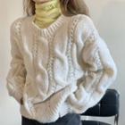 Set : High-neck Long-sleeve Knit + Long-sleeve Linen Flower Chunky Knit Jacket