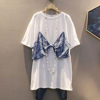 Short-sleeve Mock Two-piece Panel Denim Bow T-shirt