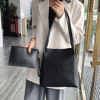 Set: Faux Leather Bucket Tote Bag + Pouch