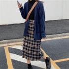 Cable-knit Cardigan / Plaid Midi Straight-fit Skirt