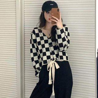 Set : Plaid Long-sleeve Cardigan + High-waist Pants
