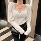 Puff-sleeve Square-neck Rhinestone-accent Top