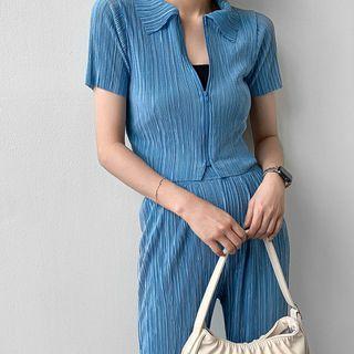 Set: Crystal-pleat Collared Zip-up Cardigan + Pants