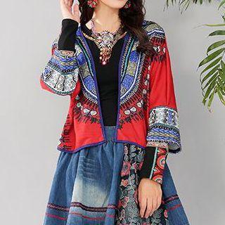 3/4-sleeve Patterned Open-front Jacket Red - One Size