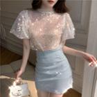 Short-sleeve Sequin Blouse / Mini Fitted Skirt